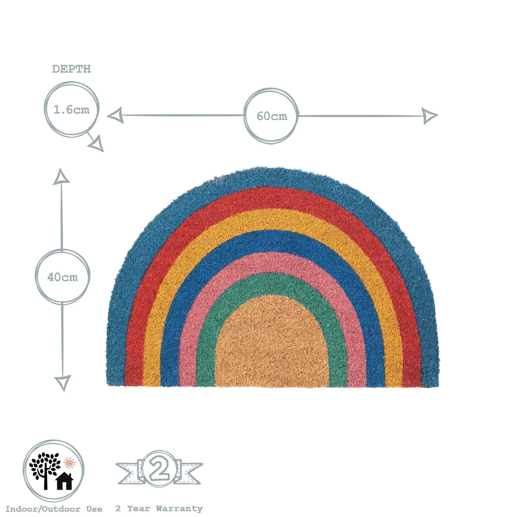 60cm x 40cm Pastel Rainbow Coir Half Moon Door Mat - By Nicola Spring