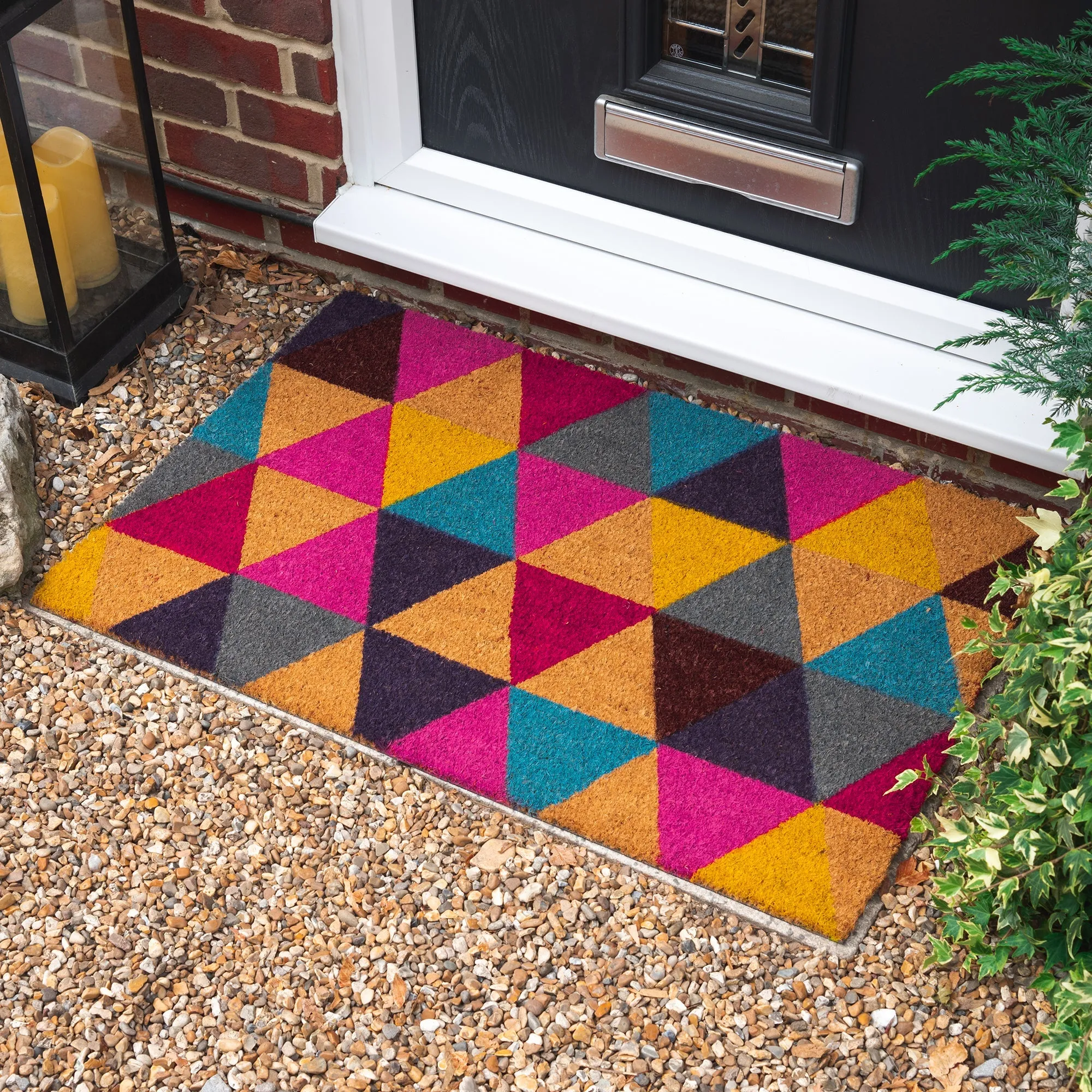 90cm x 60cm Multicoloured Triangles Coir Door Mat - By Nicola Spring