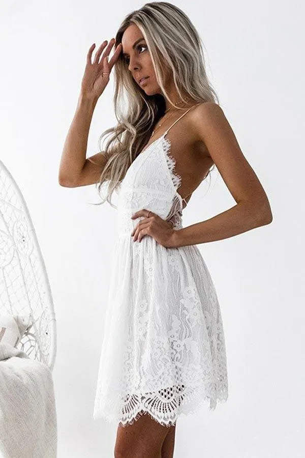 A-Line Spaghetti Straps Criss-Cross Straps White Lace Homecoming Dress PG191