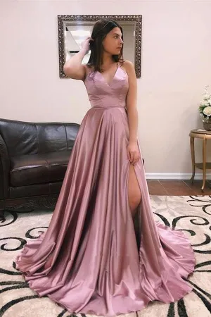 A Line V Neck Spaghetti Straps Cross Back Blush Long Prom Dresses PG818