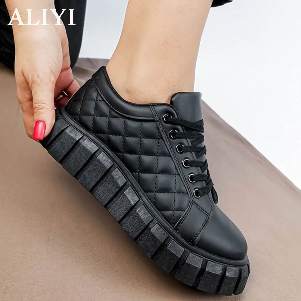 Amozae-  Autumn Black Sneakers Women 2024 New Fashion Lace Up Ladies Comfy Flat Casual Shoes 43 Big Size Female Outdoor Sport Shoes