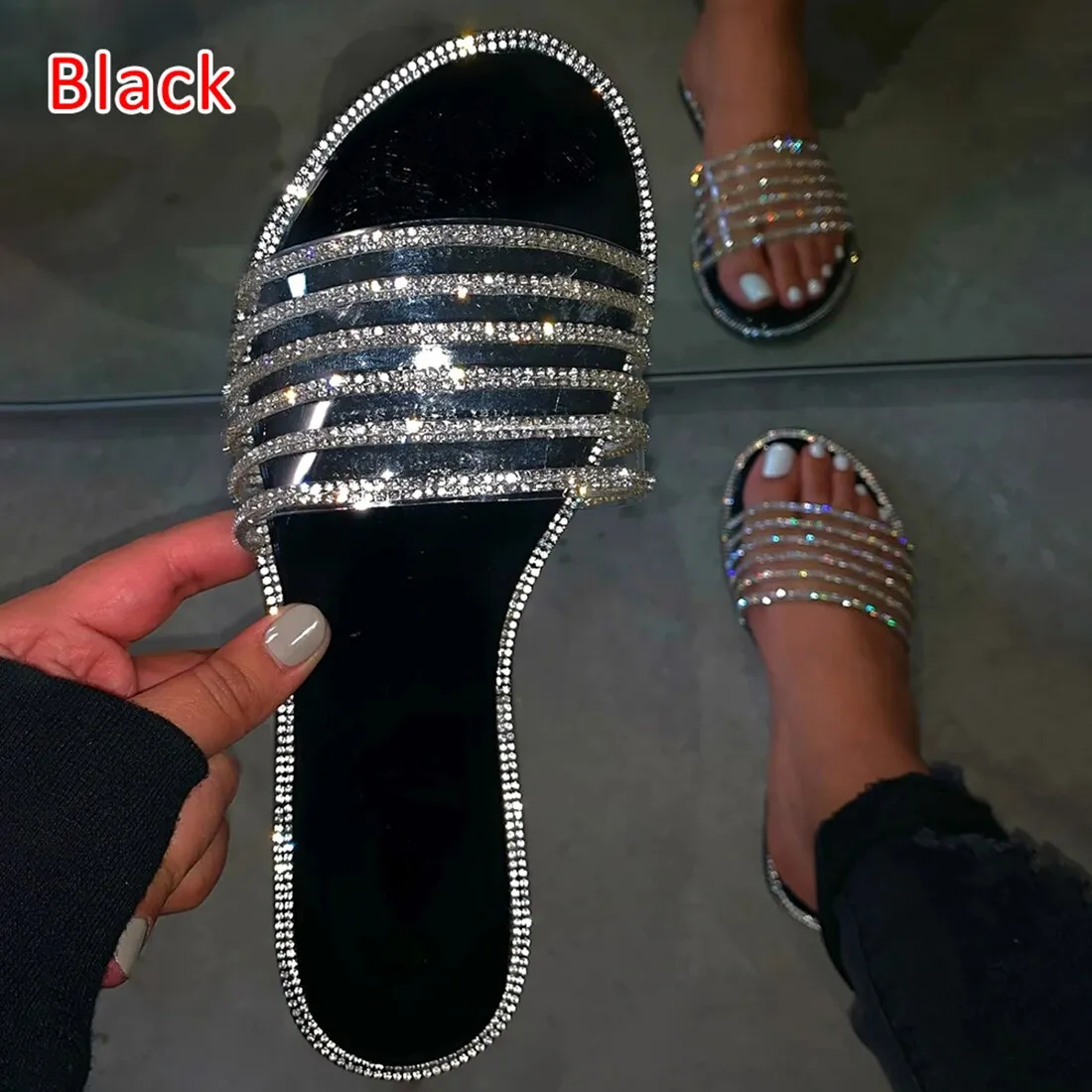 Amozae- Glitter Slippers Women Summer Sandals Fashion Bling Female Color Flip Flops Beach Diamond Flat Shoes Outdoor Sandals 43