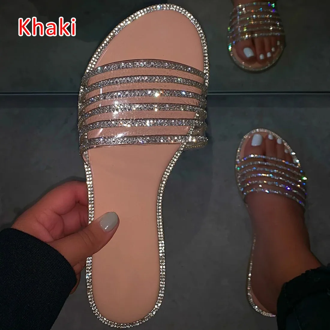 Amozae- Glitter Slippers Women Summer Sandals Fashion Bling Female Color Flip Flops Beach Diamond Flat Shoes Outdoor Sandals 43