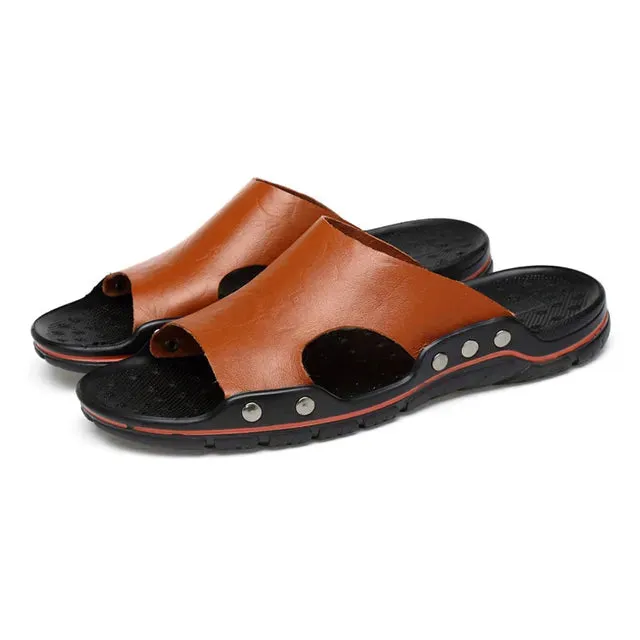 Amozae-Summer Men Slippers Genuine Leather Breathable Clogs Sandals Beach Classics Leather Slides Outdoor Flip Flops Plus Size Men Shoe