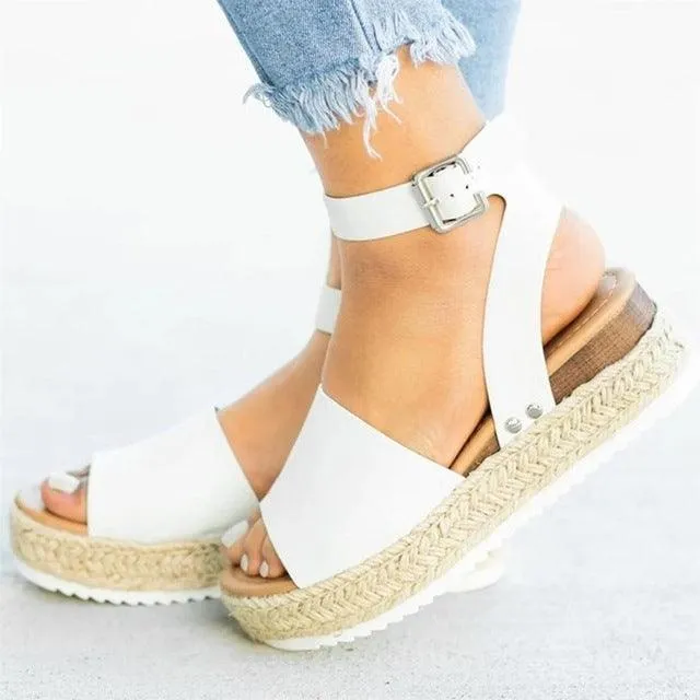 Ankle Strap Wedge Sandals for Women with One-Button Buckle