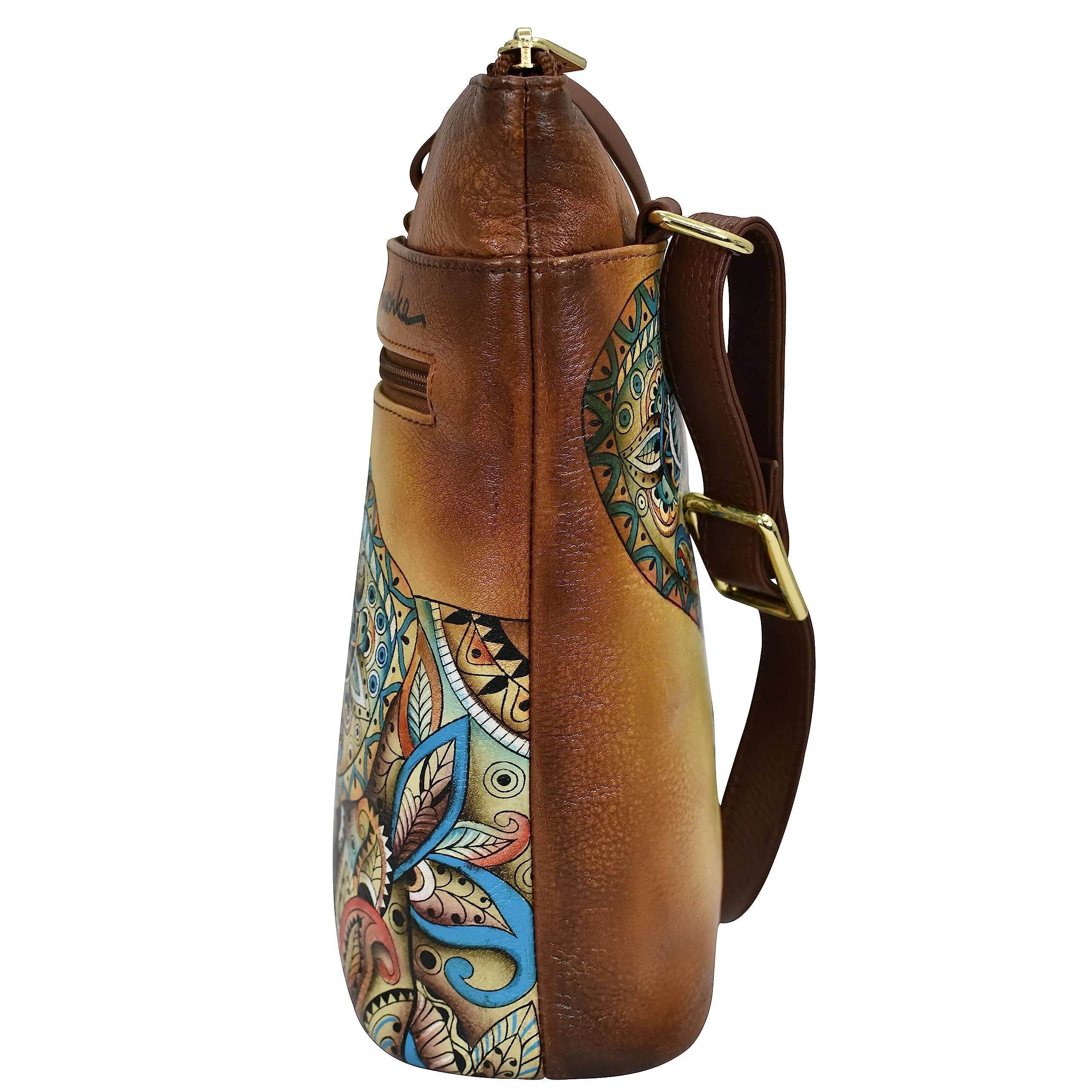 Anuschka Women’s Hand-Painted Genuine Leather Organiser Crossbody with Extended Side Zipper - Elephant Mandala