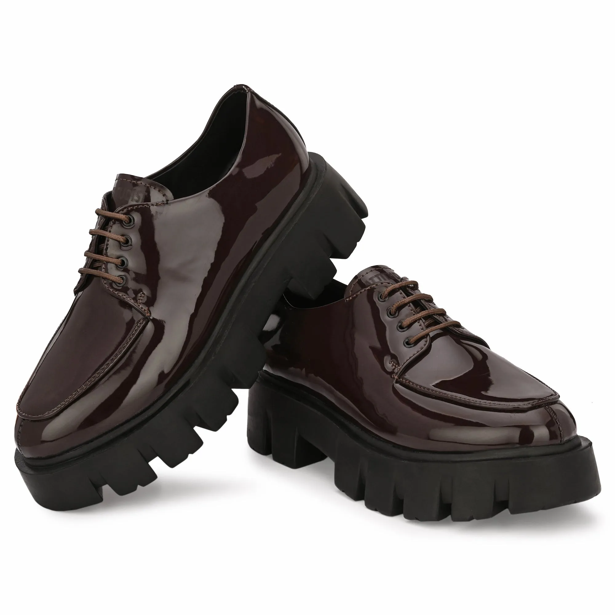 Attitudist Unisex Glossy Brown High Heel Derby Shoes