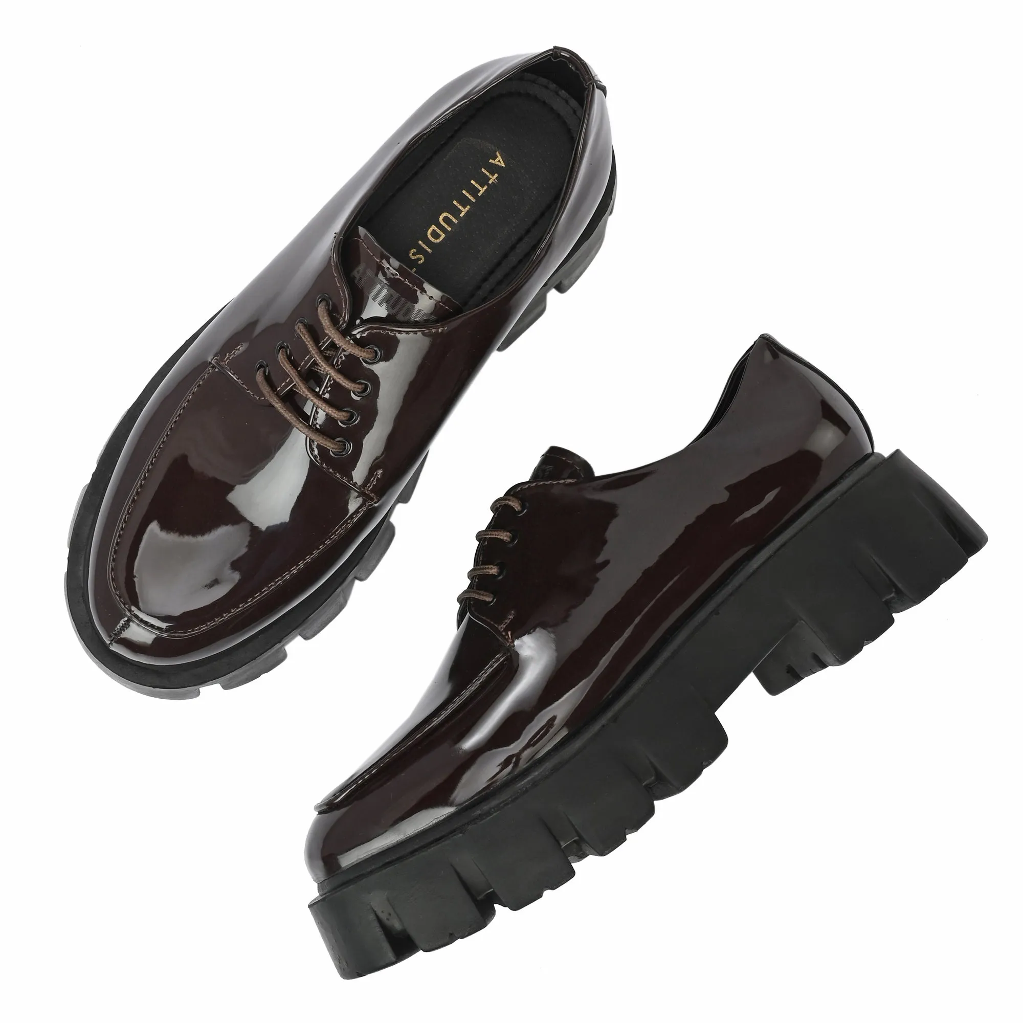 Attitudist Unisex Glossy Brown High Heel Derby Shoes