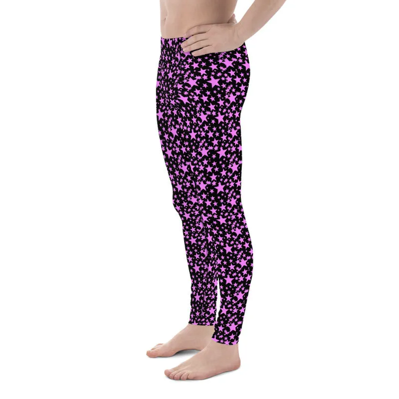 Black Pink Star Print Men's Leggings, Premium Meggings Running Tights-Made in USA/EU