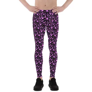 Black Pink Star Print Men's Leggings, Premium Meggings Running Tights-Made in USA/EU