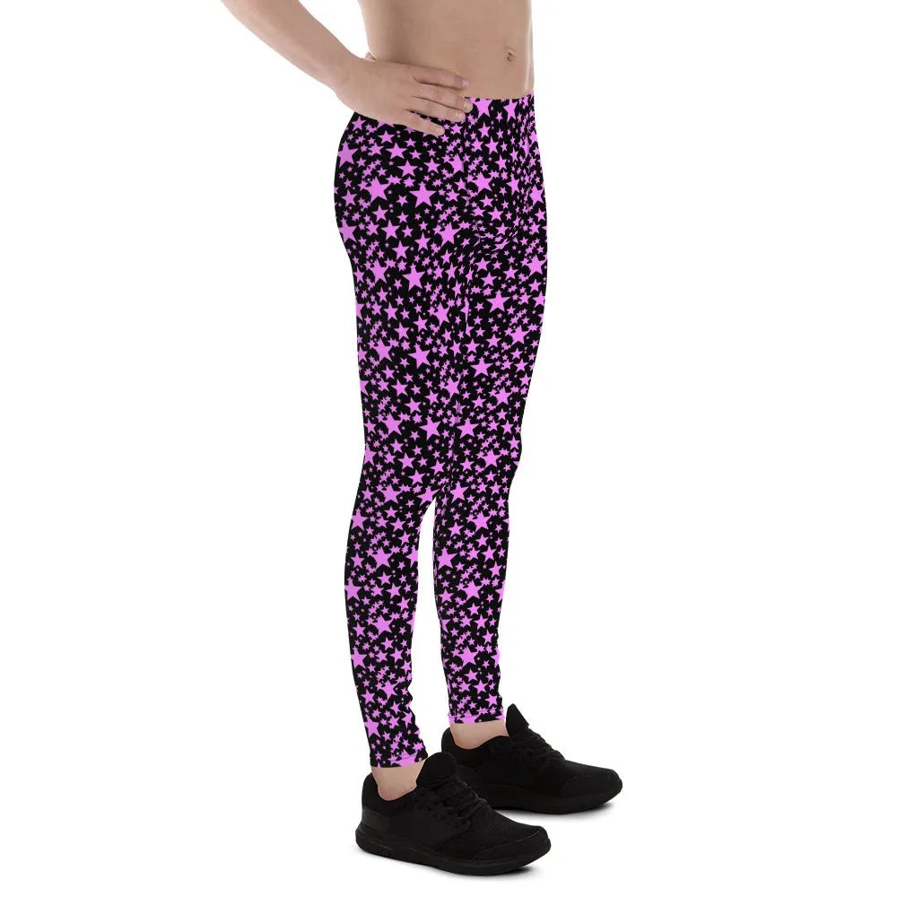 Black Pink Star Print Men's Leggings, Premium Meggings Running Tights-Made in USA/EU