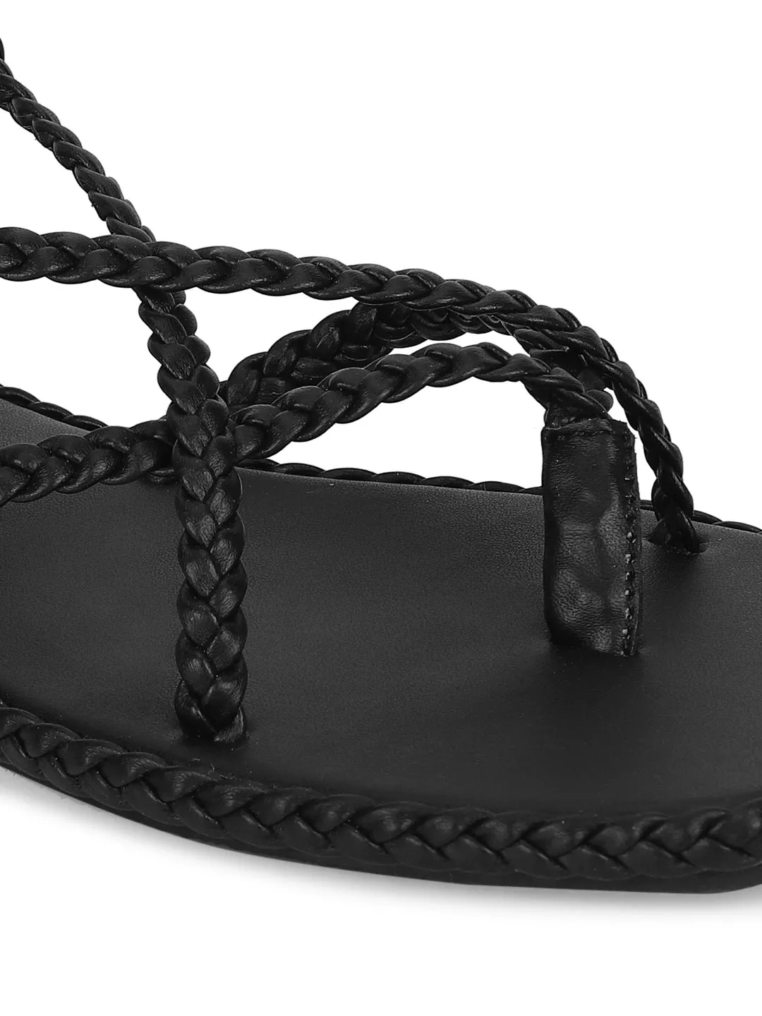 Black PU Braided Lace Up Flat Sandals (TC-ST-1212-BLK)