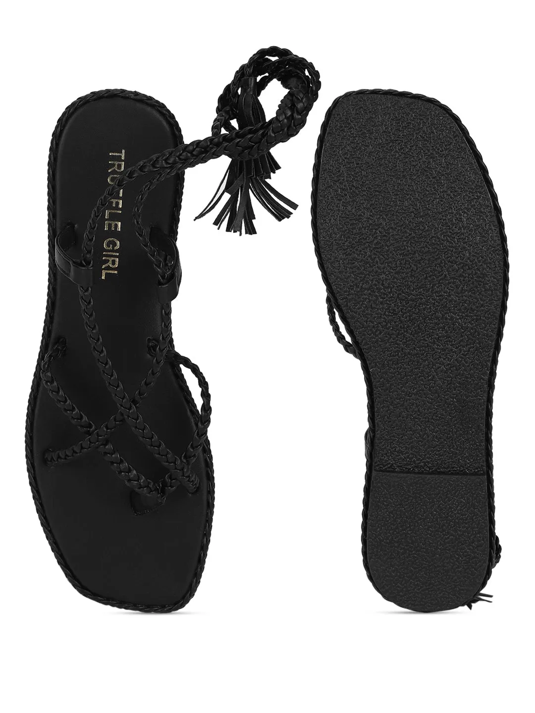 Black PU Braided Lace Up Flat Sandals (TC-ST-1212-BLK)