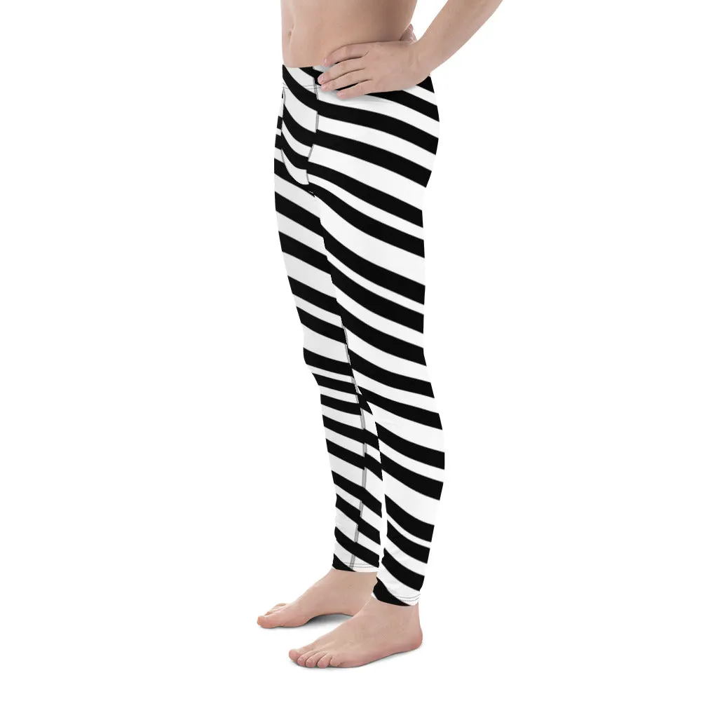 Black White Diagonally Striped Meggings, Men's Athletic Running Leggings-Made in USA/EU/MX