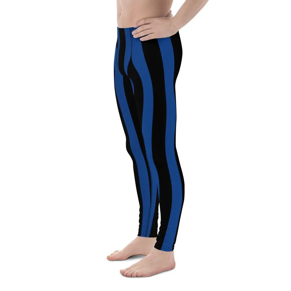 Blue Black Stripes Men's Leggings, Colorful Patterned Designer Best Men's Leggings - Made in USA/EU/MX