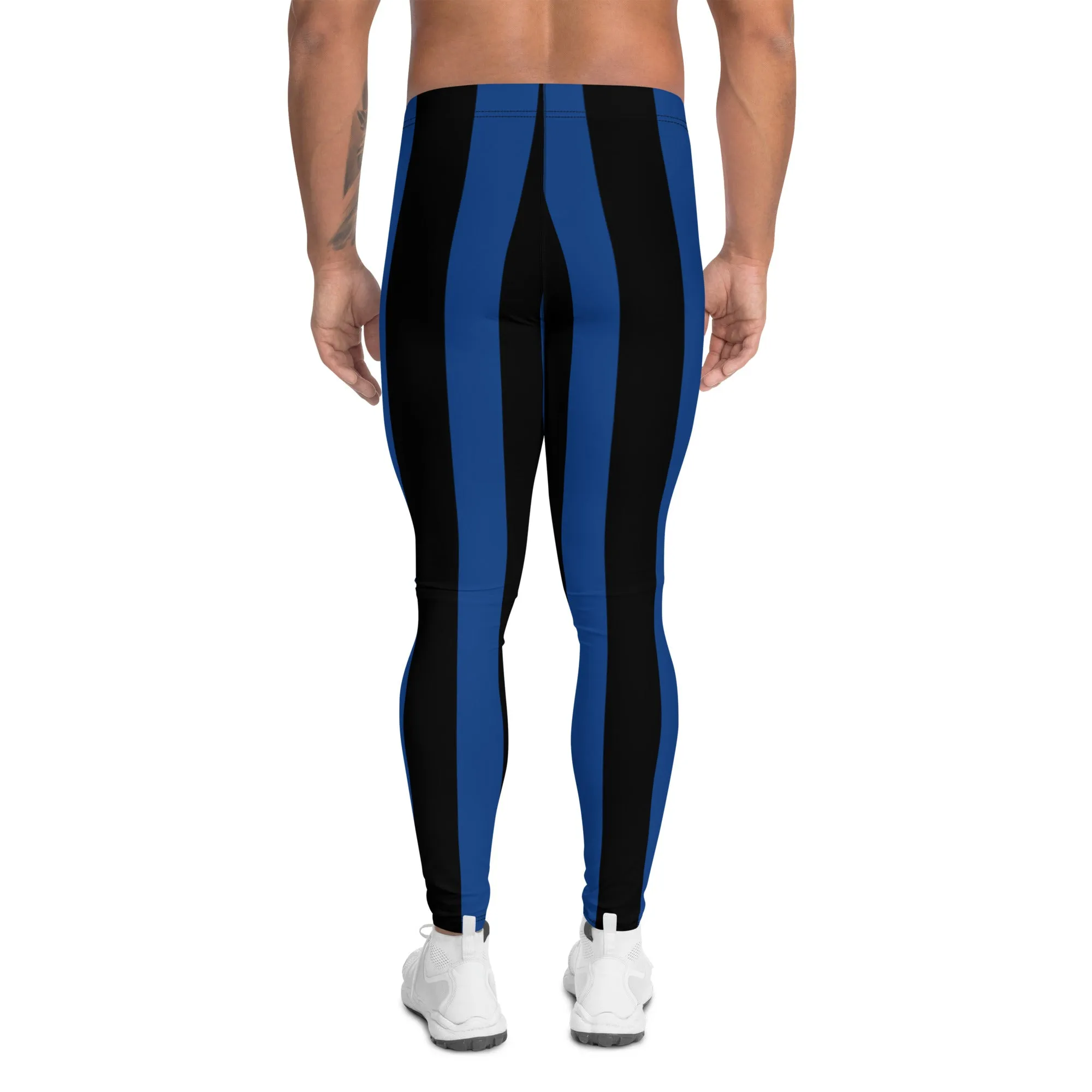 Blue Black Stripes Men's Leggings, Colorful Patterned Designer Best Men's Leggings - Made in USA/EU/MX