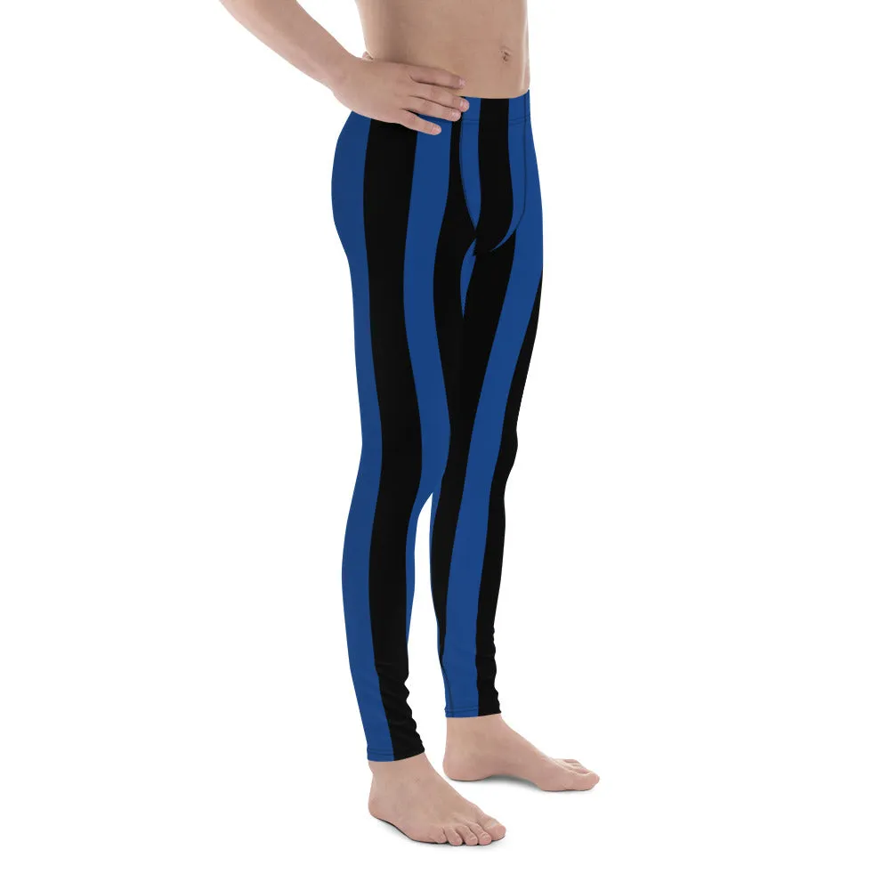 Blue Black Stripes Men's Leggings, Colorful Patterned Designer Best Men's Leggings - Made in USA/EU/MX