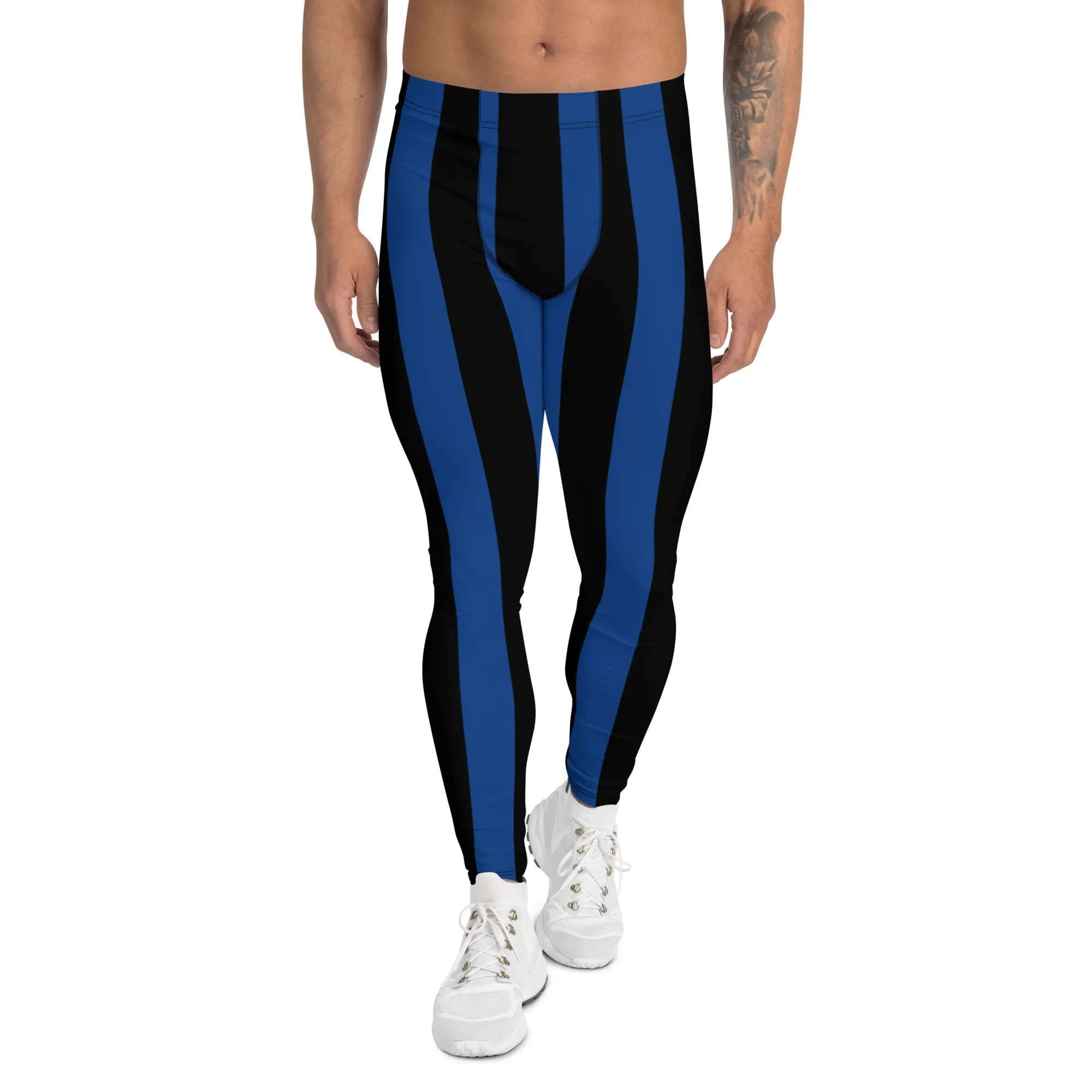 Blue Black Stripes Men's Leggings, Colorful Patterned Designer Best Men's Leggings - Made in USA/EU/MX