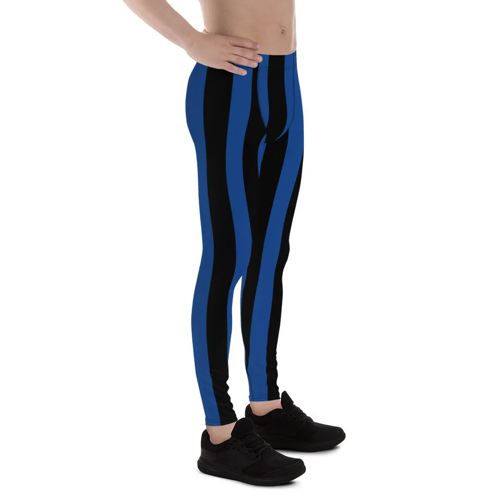 Blue Black Stripes Men's Leggings, Colorful Patterned Designer Best Men's Leggings - Made in USA/EU/MX