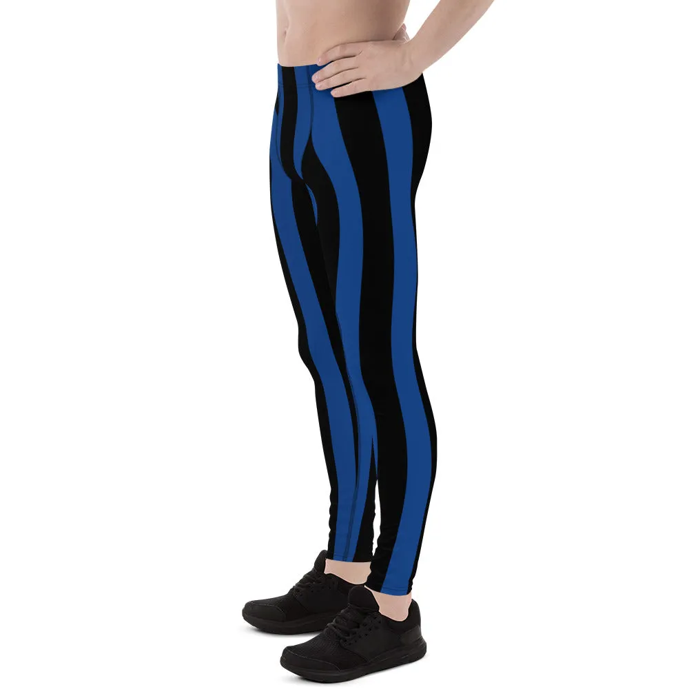 Blue Black Stripes Men's Leggings, Colorful Patterned Designer Best Men's Leggings - Made in USA/EU/MX