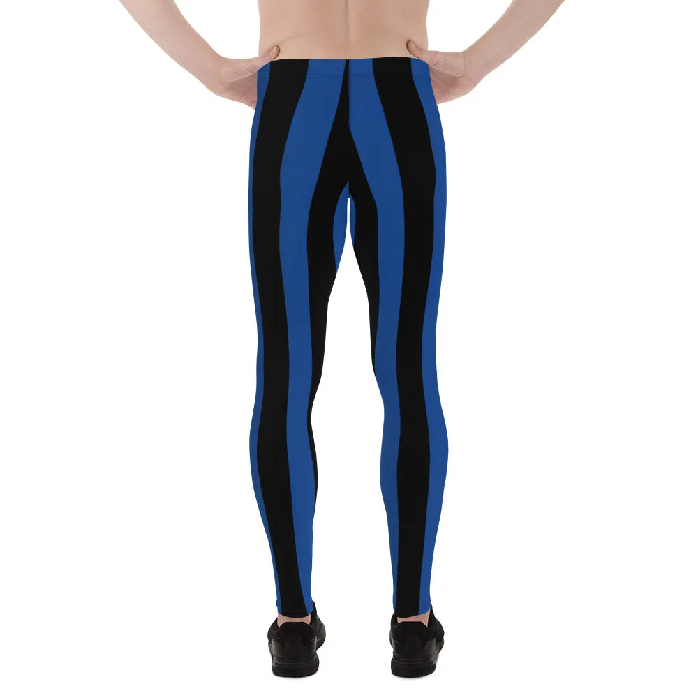 Blue Black Stripes Men's Leggings, Colorful Patterned Designer Best Men's Leggings - Made in USA/EU/MX