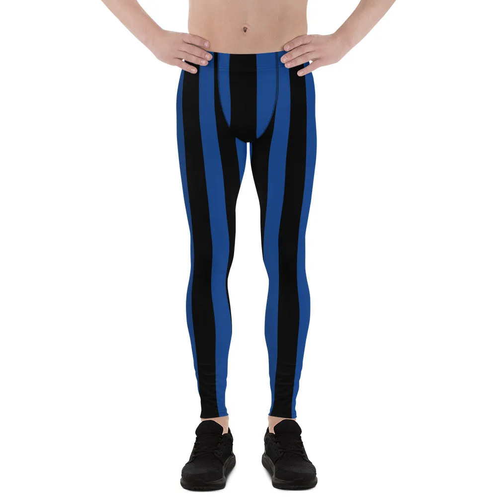 Blue Black Stripes Men's Leggings, Colorful Patterned Designer Best Men's Leggings - Made in USA/EU/MX