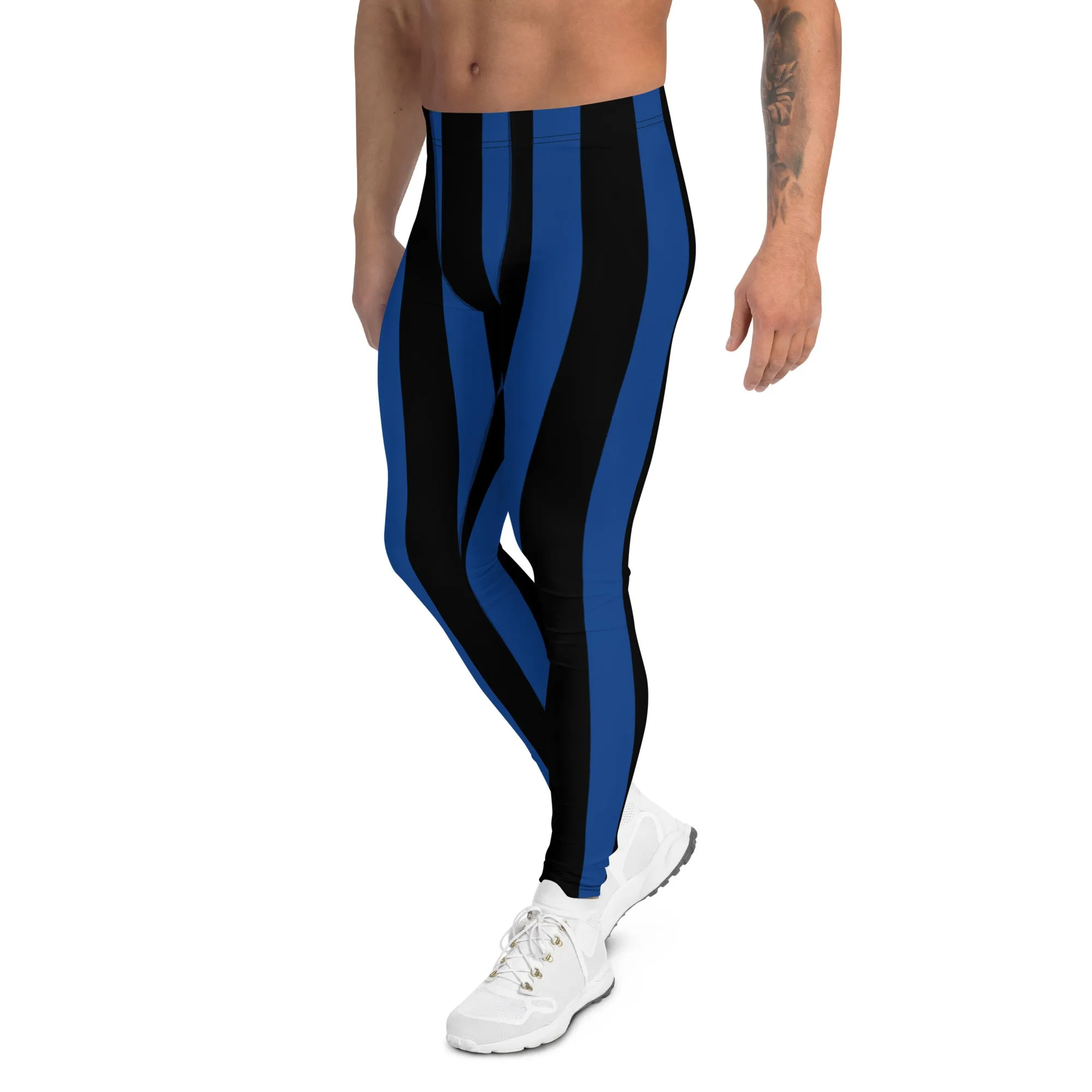 Blue Black Stripes Men's Leggings, Colorful Patterned Designer Best Men's Leggings - Made in USA/EU/MX