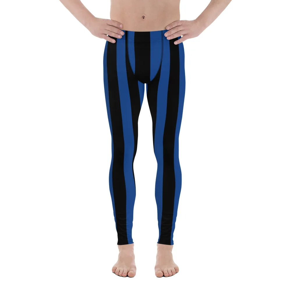 Blue Black Stripes Men's Leggings, Colorful Patterned Designer Best Men's Leggings - Made in USA/EU/MX