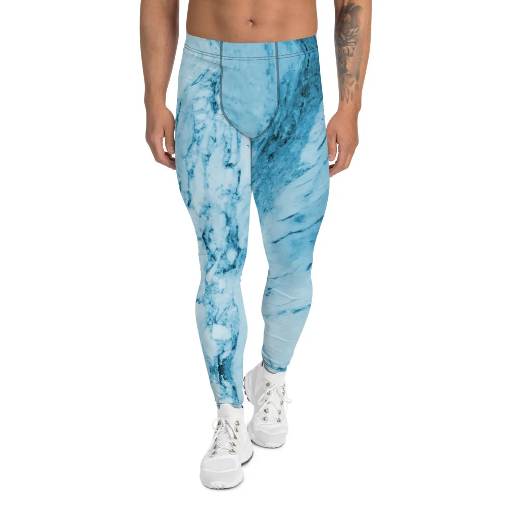 Blue Marble Print Meggings, Designer Abstract Premium Men's Leggings-Made in USA/MX/EU