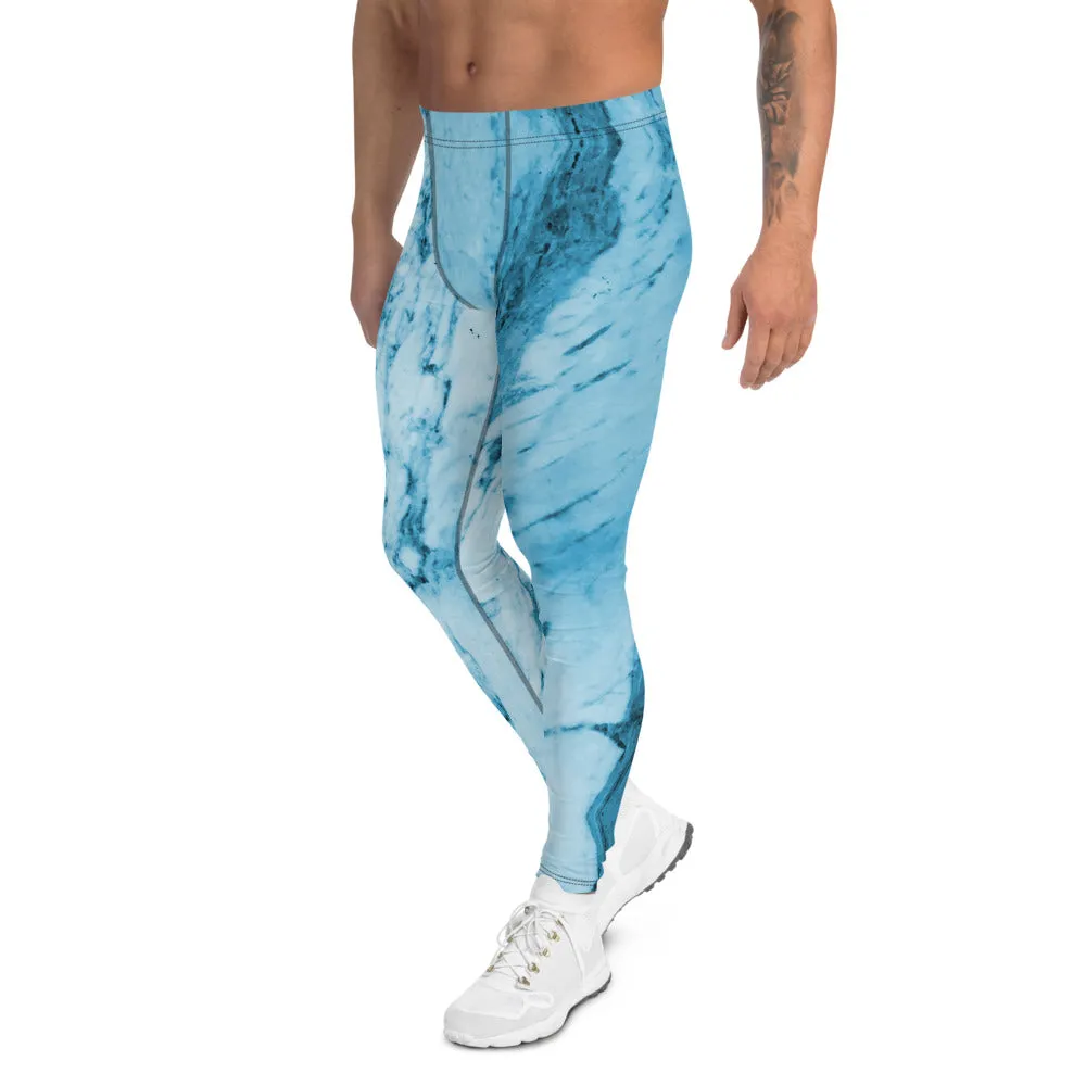 Blue Marble Print Meggings, Designer Abstract Premium Men's Leggings-Made in USA/MX/EU