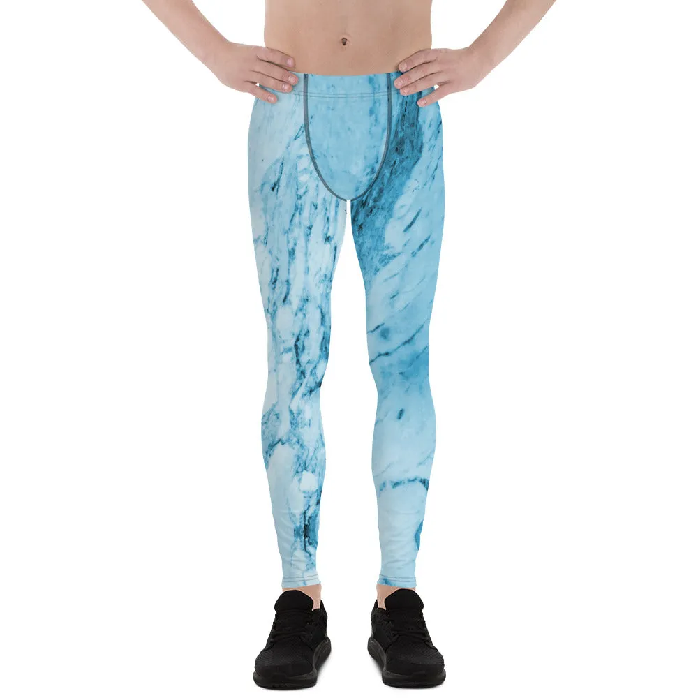 Blue Marble Print Meggings, Designer Abstract Premium Men's Leggings-Made in USA/MX/EU