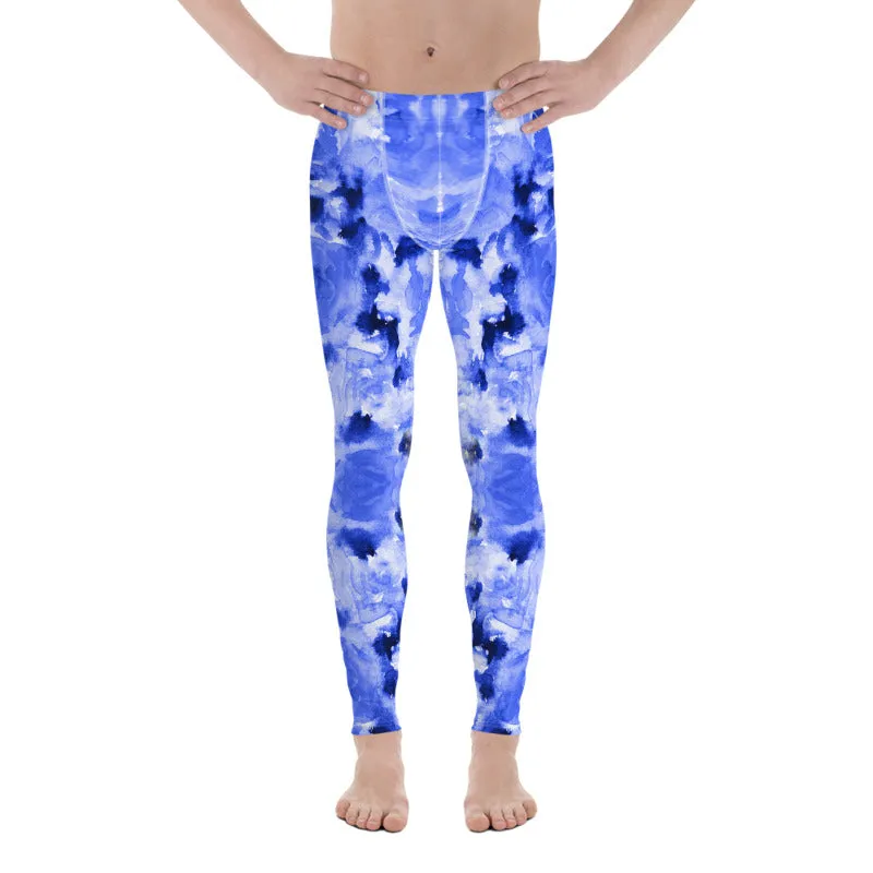 Blue Rose Men's Leggings, Abstract Floral Print Best Compression Men's Running Tights-Made in USA/EU