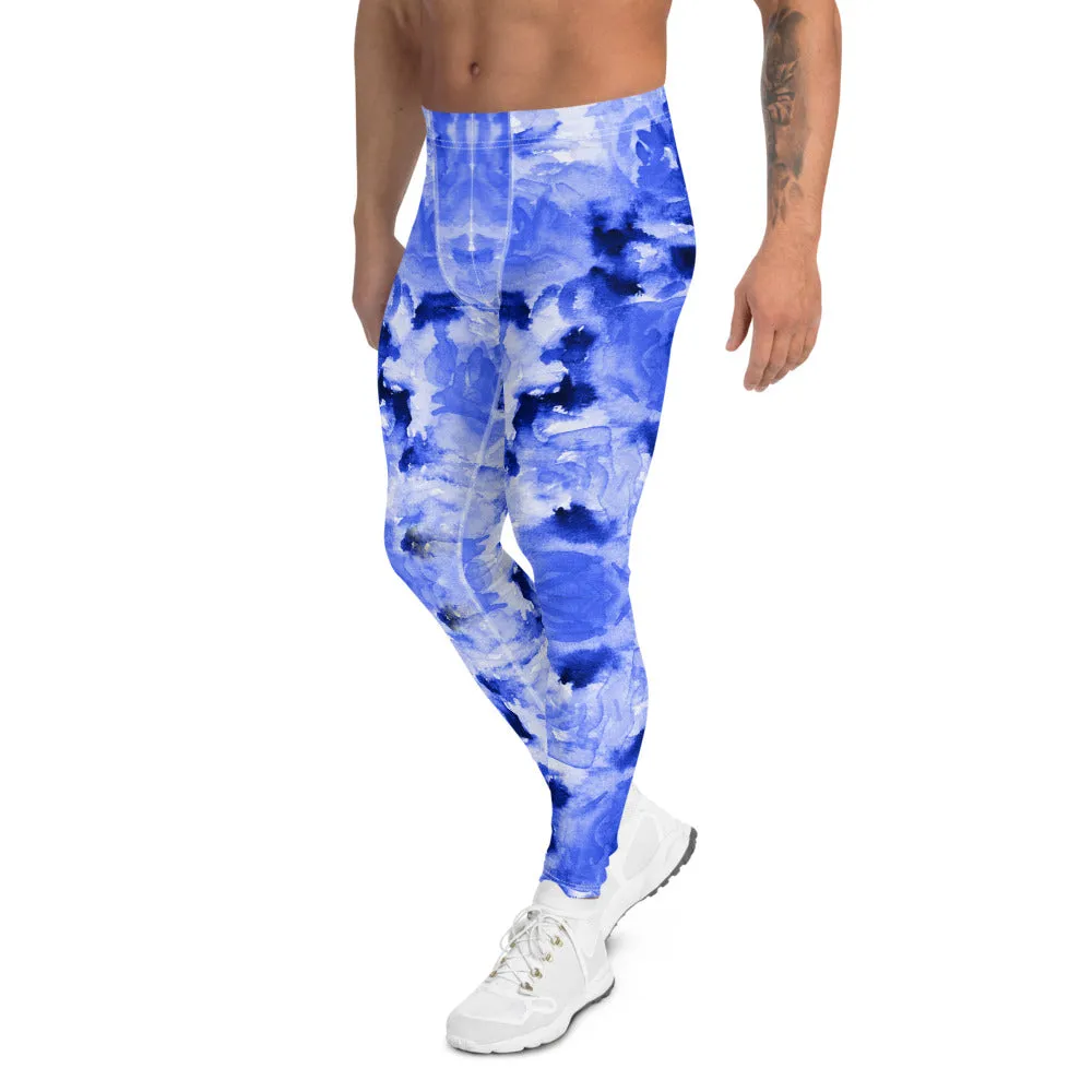 Blue Rose Men's Leggings, Abstract Floral Print Best Compression Men's Running Tights-Made in USA/EU