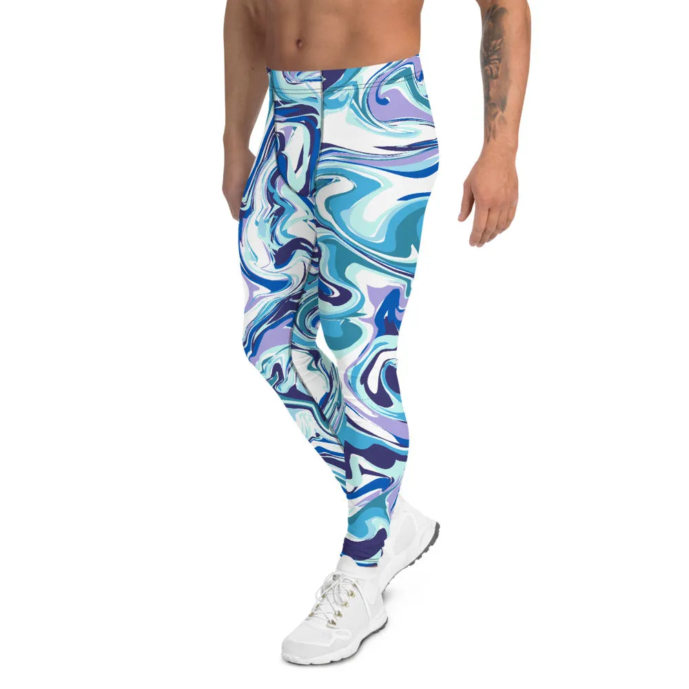 Blue Swirl Men's Leggings, Abstract Meggings Run Compression Tights-Made in USA/EU