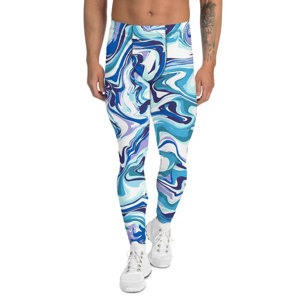 Blue Swirl Men's Leggings, Abstract Meggings Run Compression Tights-Made in USA/EU