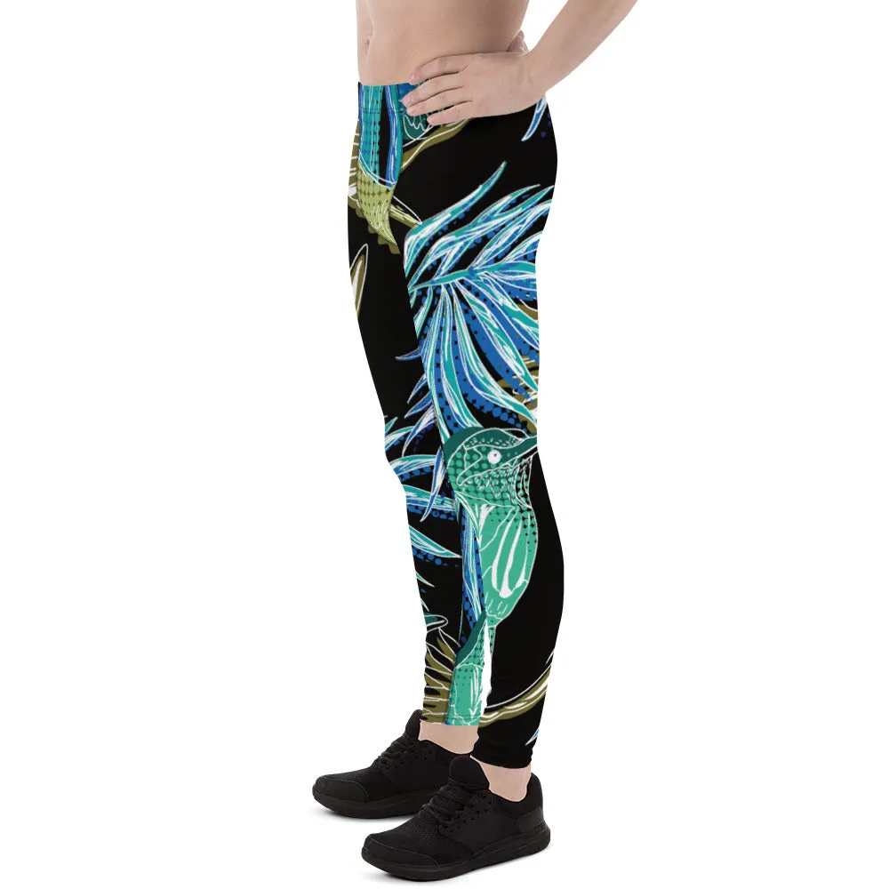 Blue Tropical Leaves Men's Leggings, Tropical Leaves Print Designer Running Compression Tights For Men - Made in USA/EU/MX