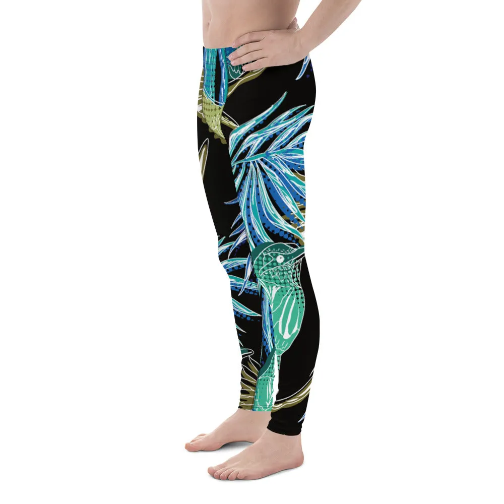 Blue Tropical Leaves Men's Leggings, Tropical Leaves Print Designer Running Compression Tights For Men - Made in USA/EU/MX