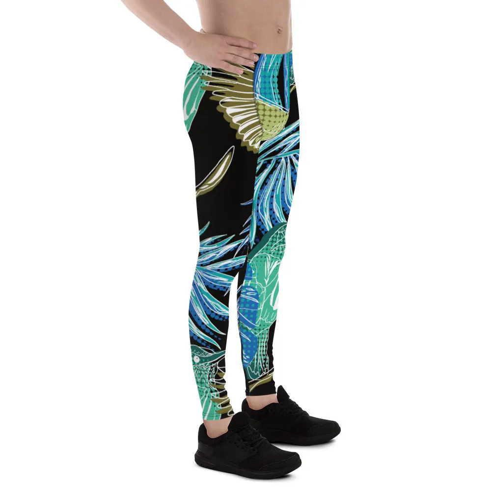 Blue Tropical Leaves Men's Leggings, Tropical Leaves Print Designer Running Compression Tights For Men - Made in USA/EU/MX