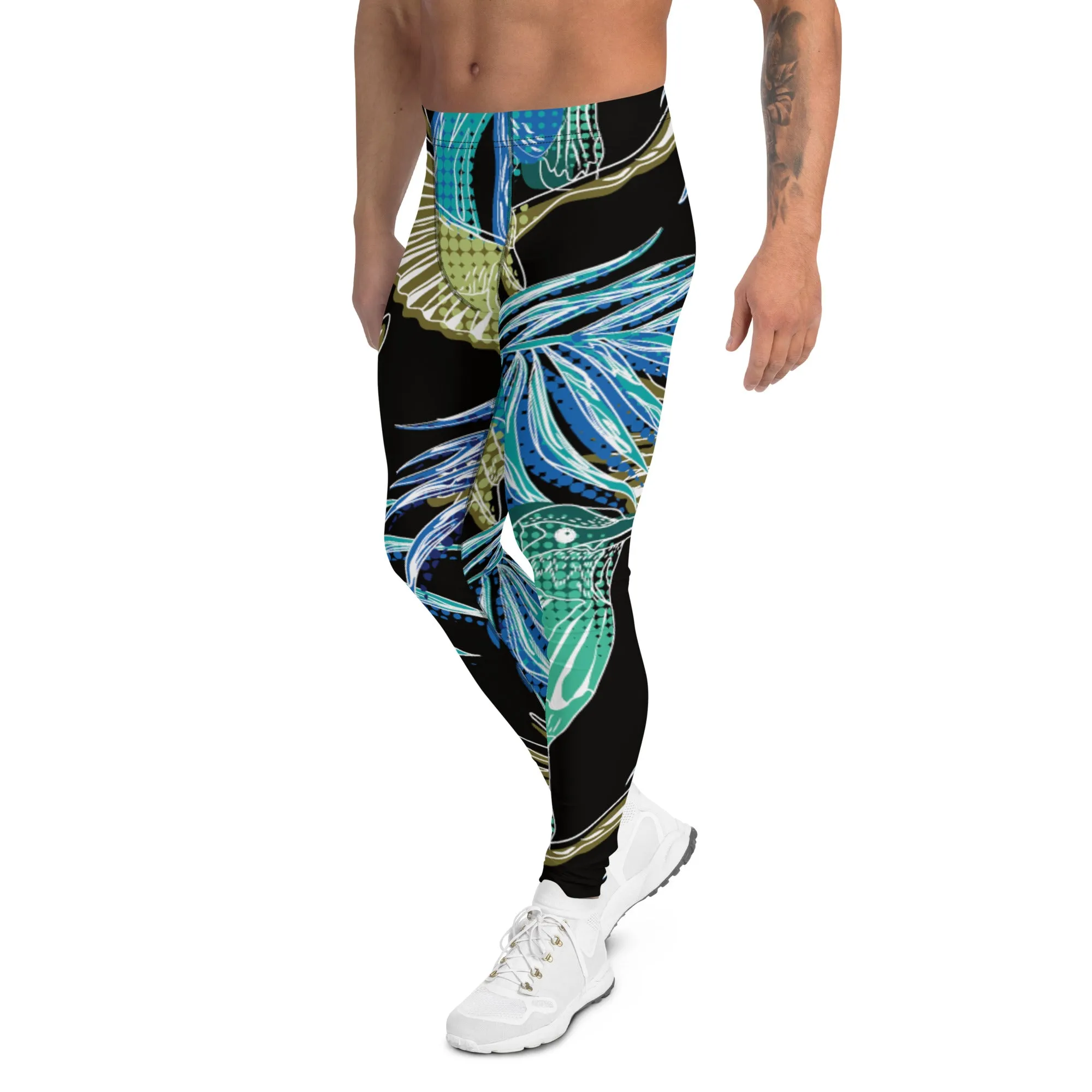 Blue Tropical Leaves Men's Leggings, Tropical Leaves Print Designer Running Compression Tights For Men - Made in USA/EU/MX