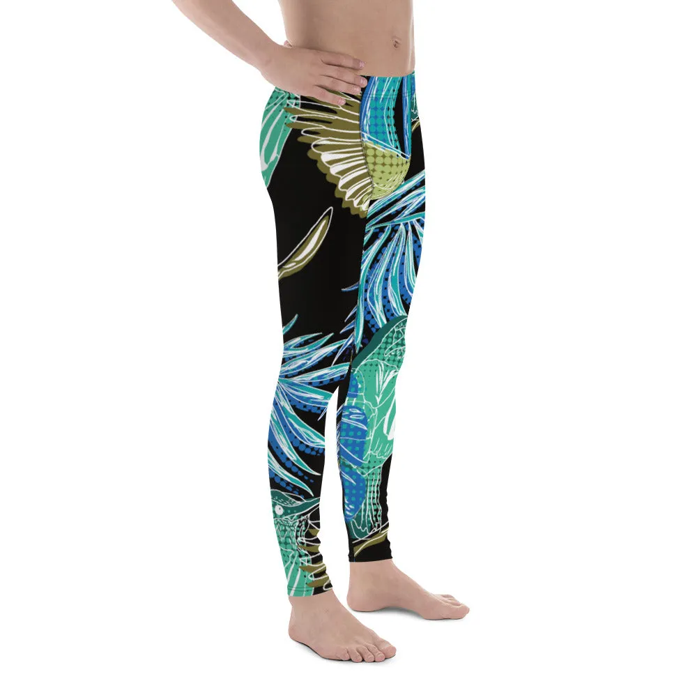 Blue Tropical Leaves Men's Leggings, Tropical Leaves Print Designer Running Compression Tights For Men - Made in USA/EU/MX