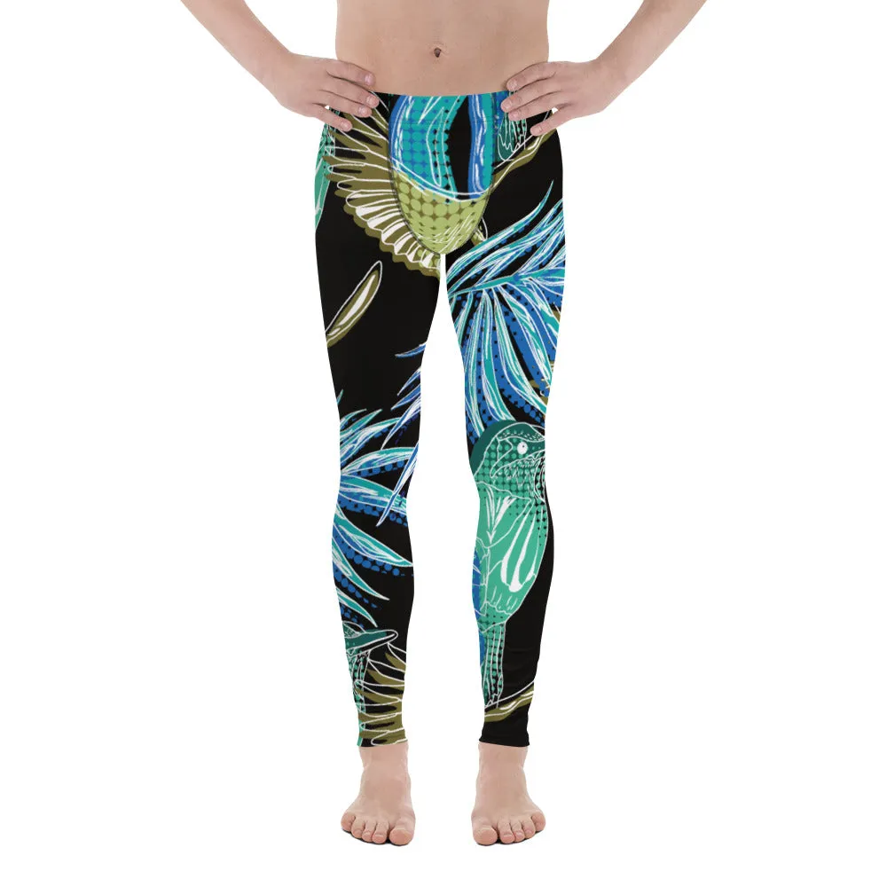 Blue Tropical Leaves Men's Leggings, Tropical Leaves Print Designer Running Compression Tights For Men - Made in USA/EU/MX