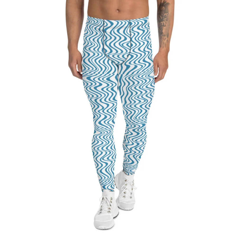 Blue Wavy Curves Men's Leggings, Great Wave Pattern Yoga Leggings-Made In USA/EU/MX