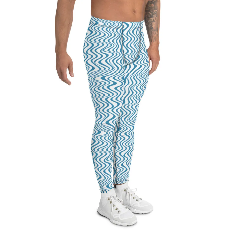 Blue Wavy Curves Men's Leggings, Great Wave Pattern Yoga Leggings-Made In USA/EU/MX