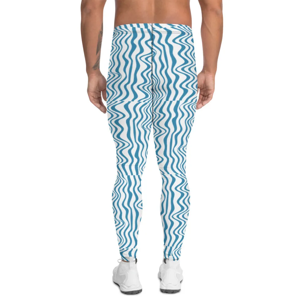 Blue Wavy Curves Men's Leggings, Great Wave Pattern Yoga Leggings-Made In USA/EU/MX