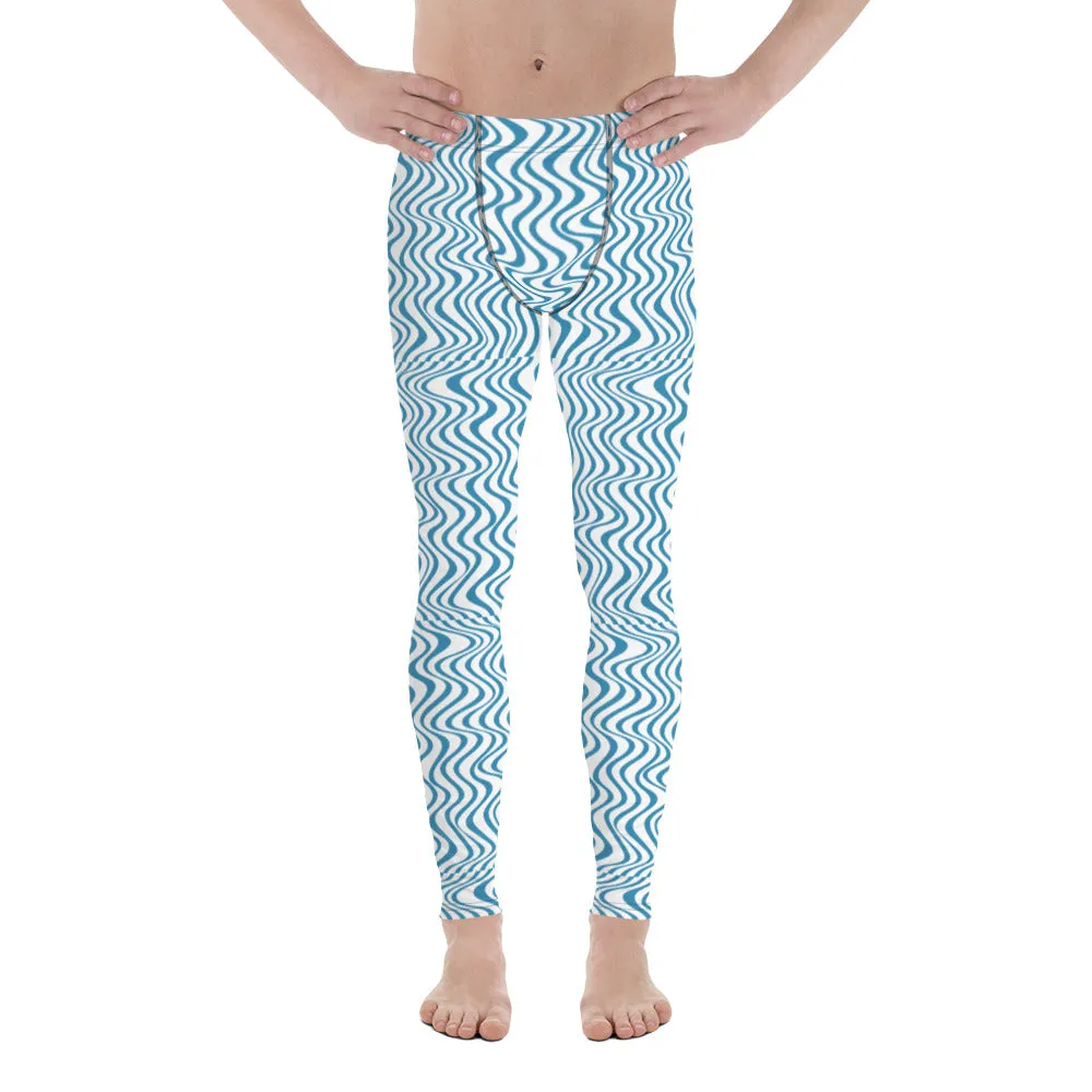 Blue Wavy Curves Men's Leggings, Great Wave Pattern Yoga Leggings-Made In USA/EU/MX