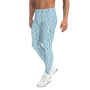 Blue Wavy Curves Men's Leggings, Great Wave Pattern Yoga Leggings-Made In USA/EU/MX