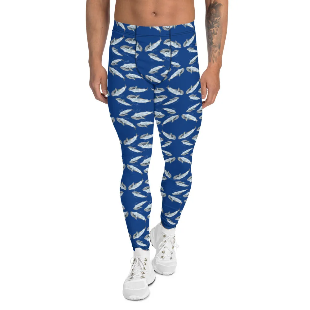 Blue Whale Men's Leggings, Cute Marine Fish Print Meggings Run Tights-Made in USA/EU/MX