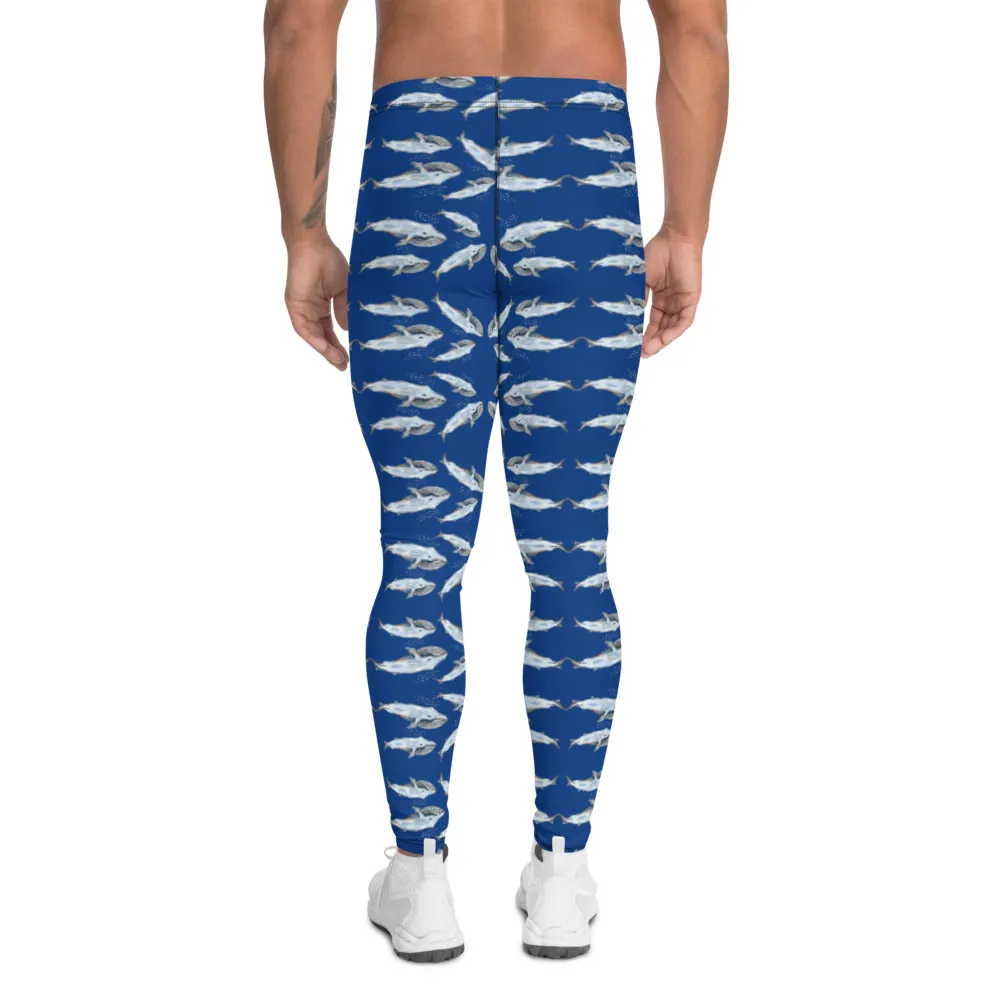 Blue Whale Men's Leggings, Cute Marine Fish Print Meggings Run Tights-Made in USA/EU/MX