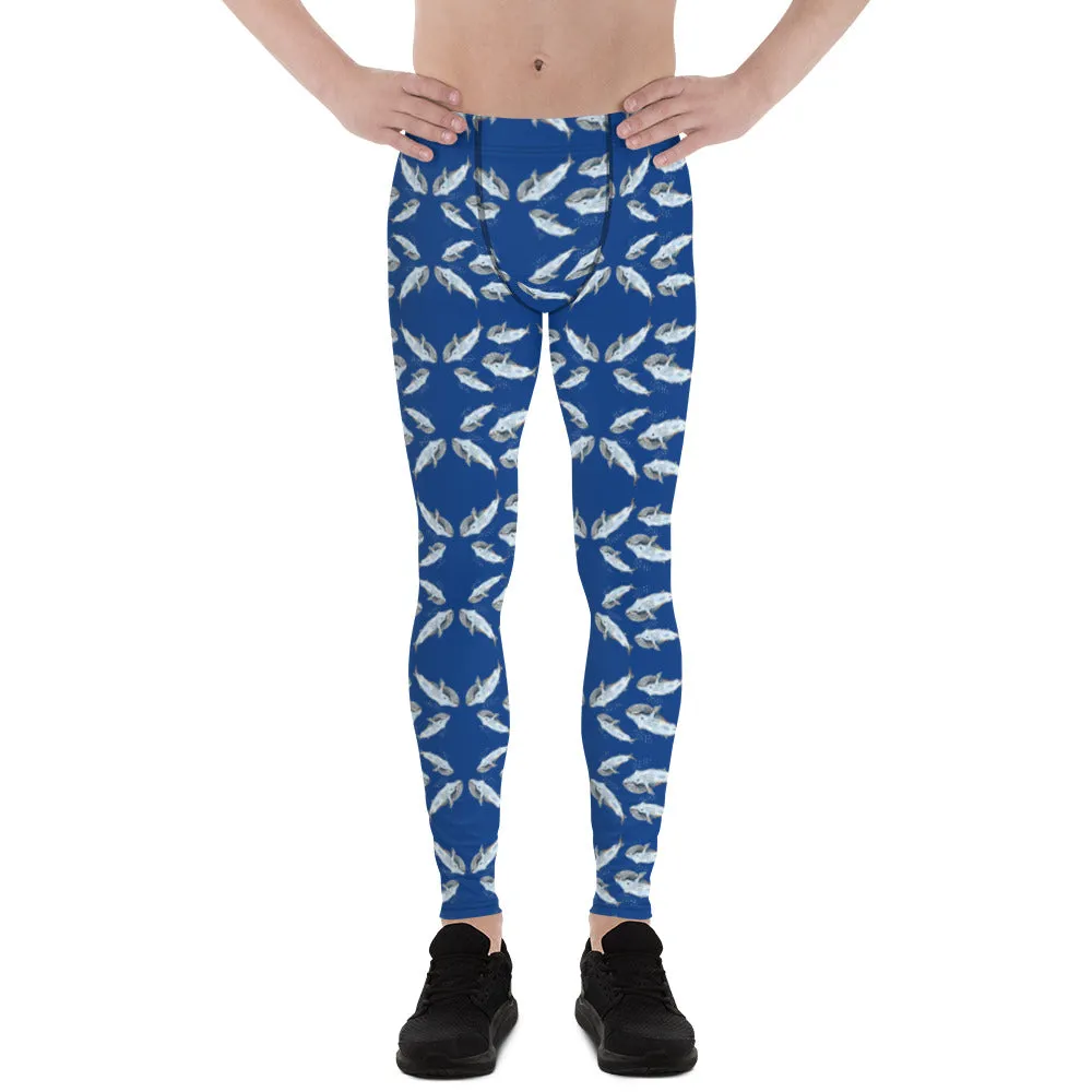 Blue Whale Men's Leggings, Cute Marine Fish Print Meggings Run Tights-Made in USA/EU/MX