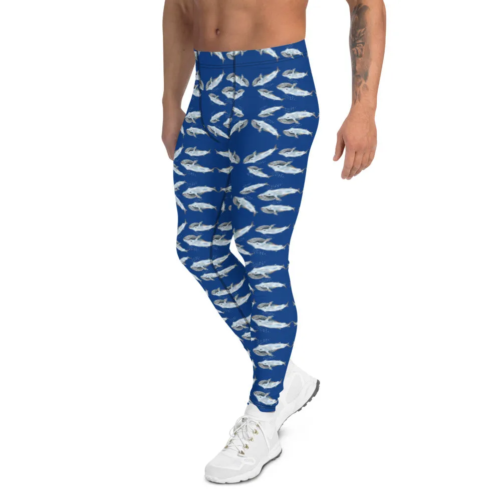 Blue Whale Men's Leggings, Cute Marine Fish Print Meggings Run Tights-Made in USA/EU/MX